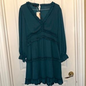 NWT Dokotoo Ruffle Trim Long Sleeve Teal Dress Large
